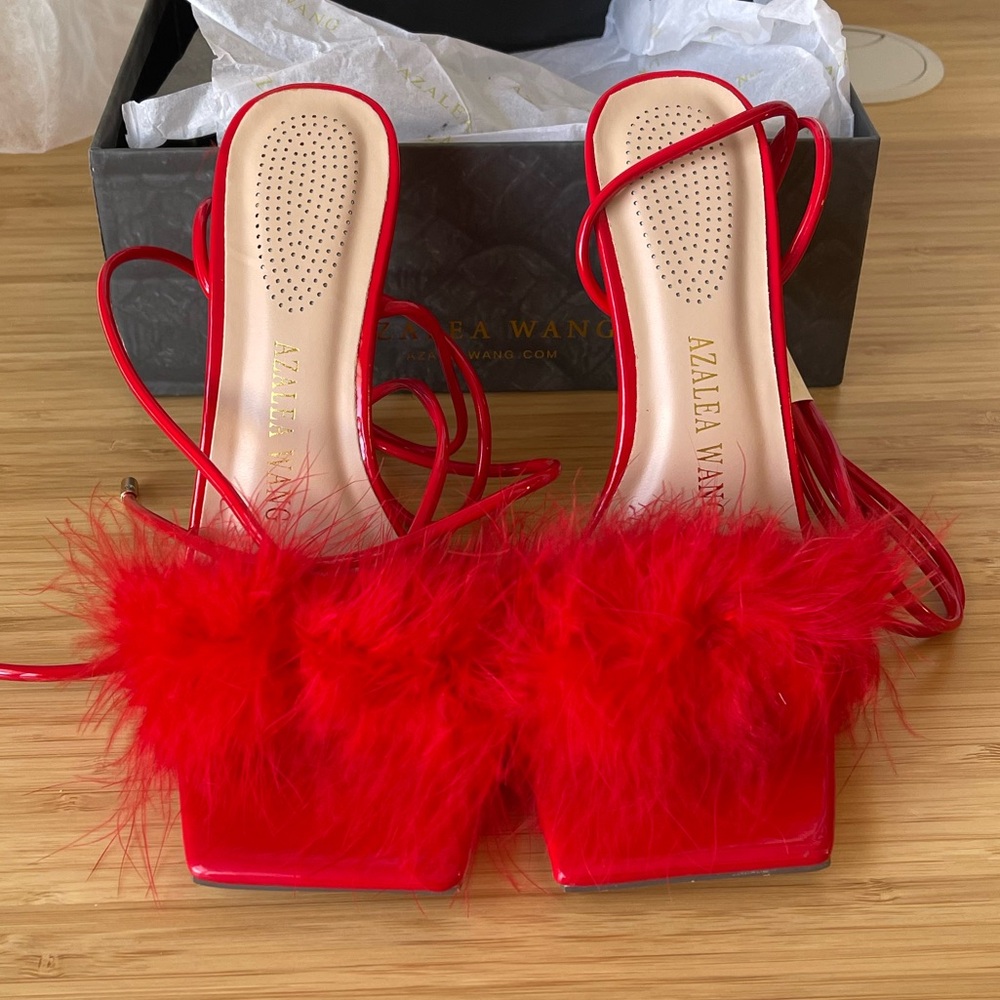 Azalea Wang Lace-up Feather Sandals Warwick Wrap Tie Stiletto Open Toe High Heel